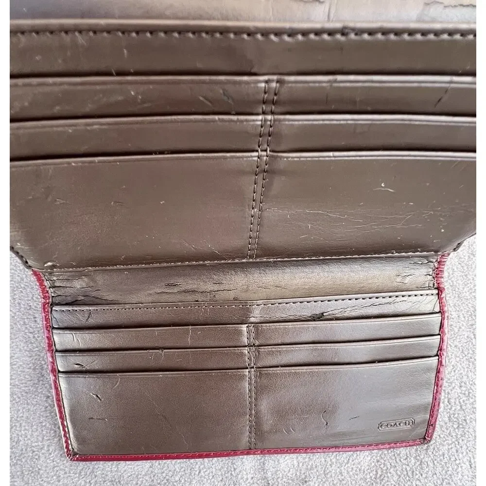 Coach Alexandra Signature C Jacquard Wallet Tan Burgundy Long Snap Closure
